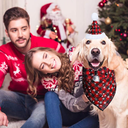Christmas Snowflake Dog Bandana Costume, Christmas Classic Plaid Snowflake Dog Bandana Scarf Hat Bow Tie with Bell Costume Decoration for Dogs Pets