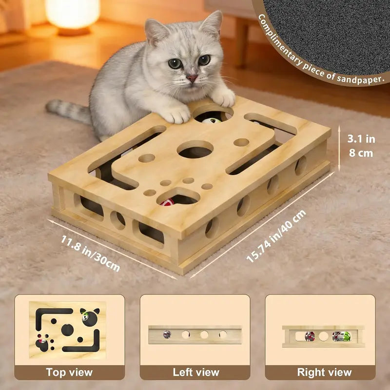 LIVANIRA Universal Wooden Cat Scratch & File Enrichment Box - Claw Care Puzzle Toy with Replaceable Filing Pad, Large Scratch Area, Treat Openings, 3 Toy Balls for Indoor Cats Familyfun Cat Nail File Scratcher Toy