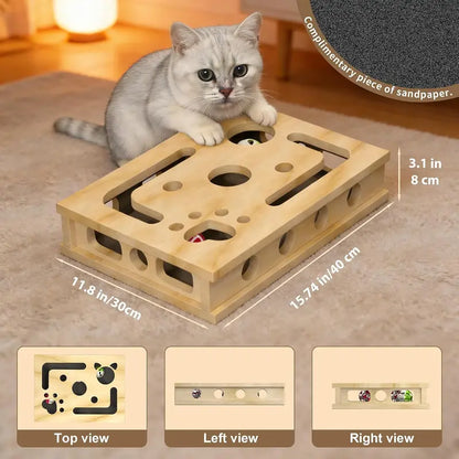 LIVANIRA Universal Wooden Cat Scratch & File Enrichment Box - Claw Care Puzzle Toy with Replaceable Filing Pad, Large Scratch Area, Treat Openings, 3 Toy Balls for Indoor Cats Familyfun Cat Nail File Scratcher Toy