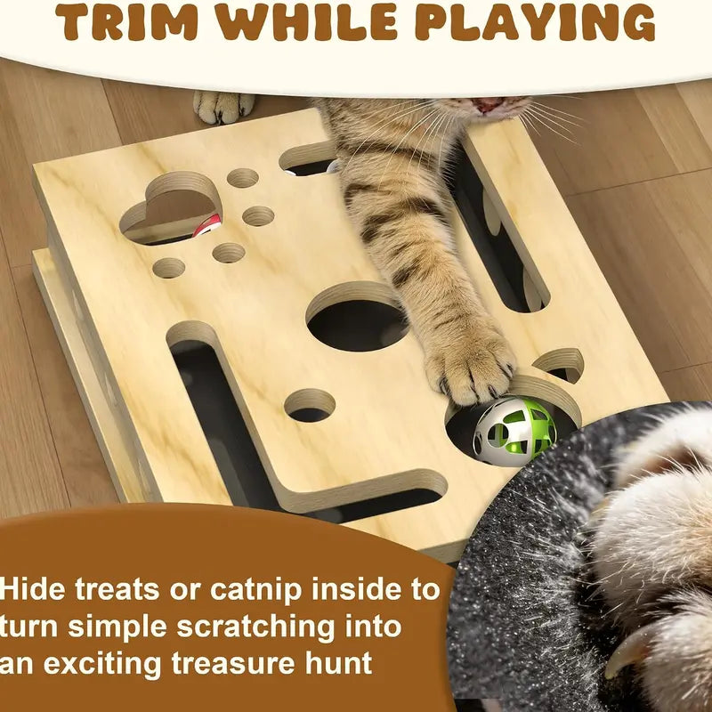LIVANIRA Universal Wooden Cat Scratch & File Enrichment Box - Claw Care Puzzle Toy with Replaceable Filing Pad, Large Scratch Area, Treat Openings, 3 Toy Balls for Indoor Cats Familyfun Cat Nail File Scratcher Toy