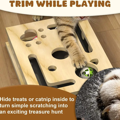 LIVANIRA Universal Wooden Cat Scratch & File Enrichment Box - Claw Care Puzzle Toy with Replaceable Filing Pad, Large Scratch Area, Treat Openings, 3 Toy Balls for Indoor Cats Familyfun Cat Nail File Scratcher Toy