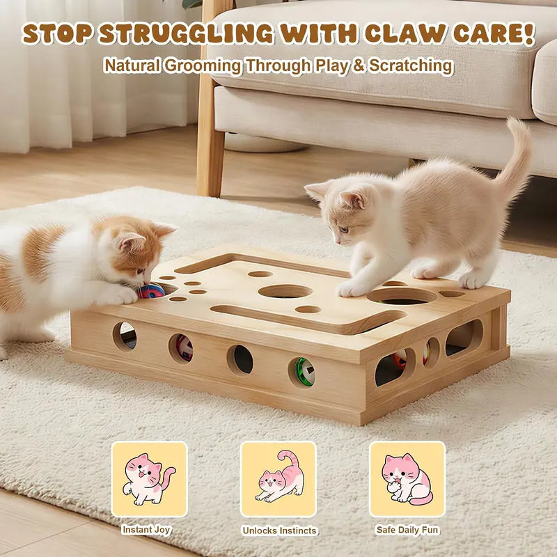 LIVANIRA Universal Wooden Cat Scratch & File Enrichment Box - Claw Care Puzzle Toy with Replaceable Filing Pad, Large Scratch Area, Treat Openings, 3 Toy Balls for Indoor Cats Familyfun Cat Nail File Scratcher Toy